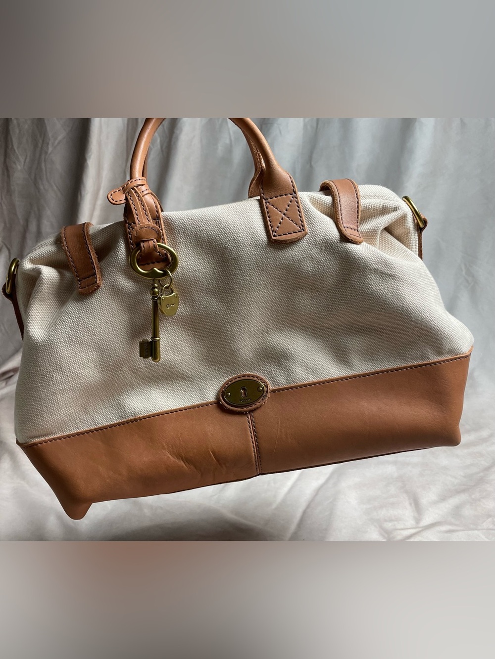 Fossil Canvas Leather Satchel Bag – Cream Tan Key Charm Brass Hardware